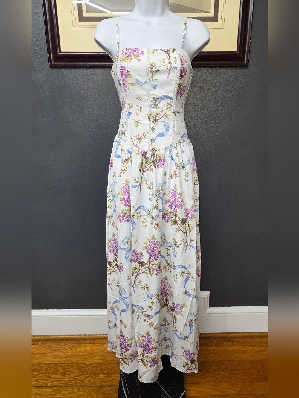 White Floral Maxi Dress with Lavender & Blue Accents